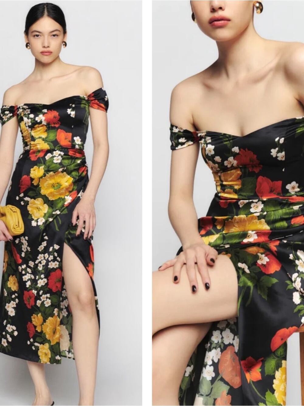 REFORMATION Genesis Floral Off the Shoulder Silk Midi Dress Size 4